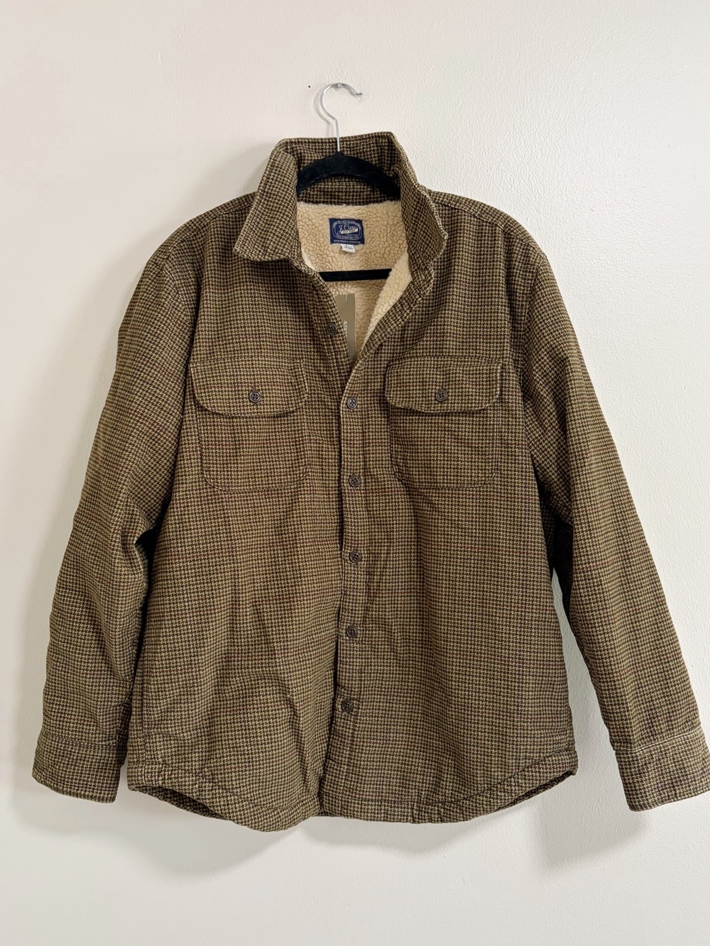 NEW J. Crew Brown Houndstooth Sherpa-Lined Shirt Jacket Size Large